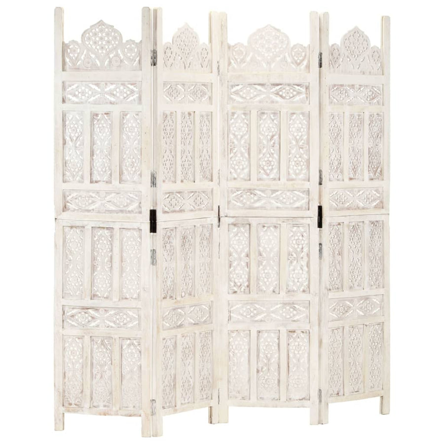 Hand carved 4-Panel Room Divider White 160x165 cm Solid Mango Wood