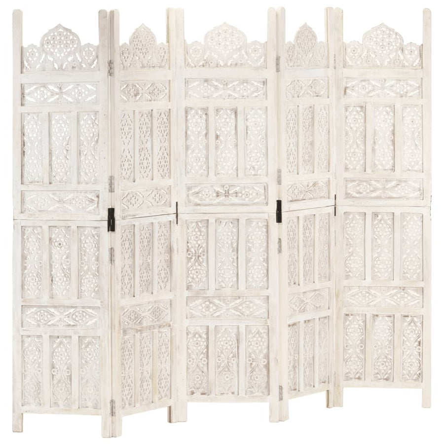 Hand carved 5-Panel Room Divider White 200x165 cm