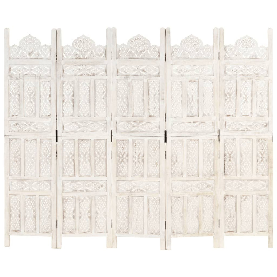 Hand carved 5-Panel Room Divider White 200x165 cm