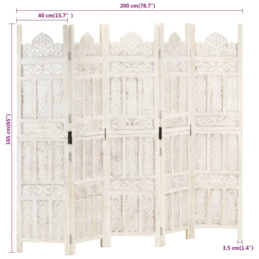 Hand carved 5-Panel Room Divider White 200x165 cm