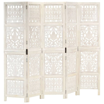 Hand carved 5-Panel Room Divider White 200x165 cm