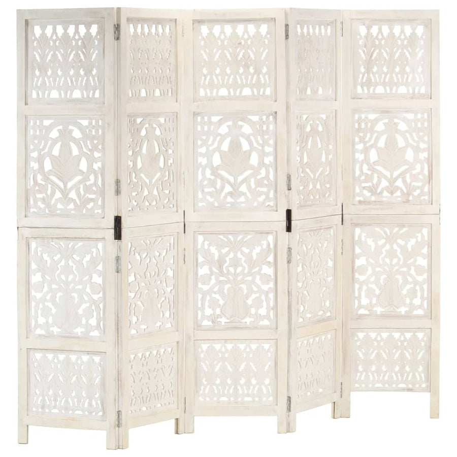 Hand carved 5-Panel Room Divider White 200x165 cm