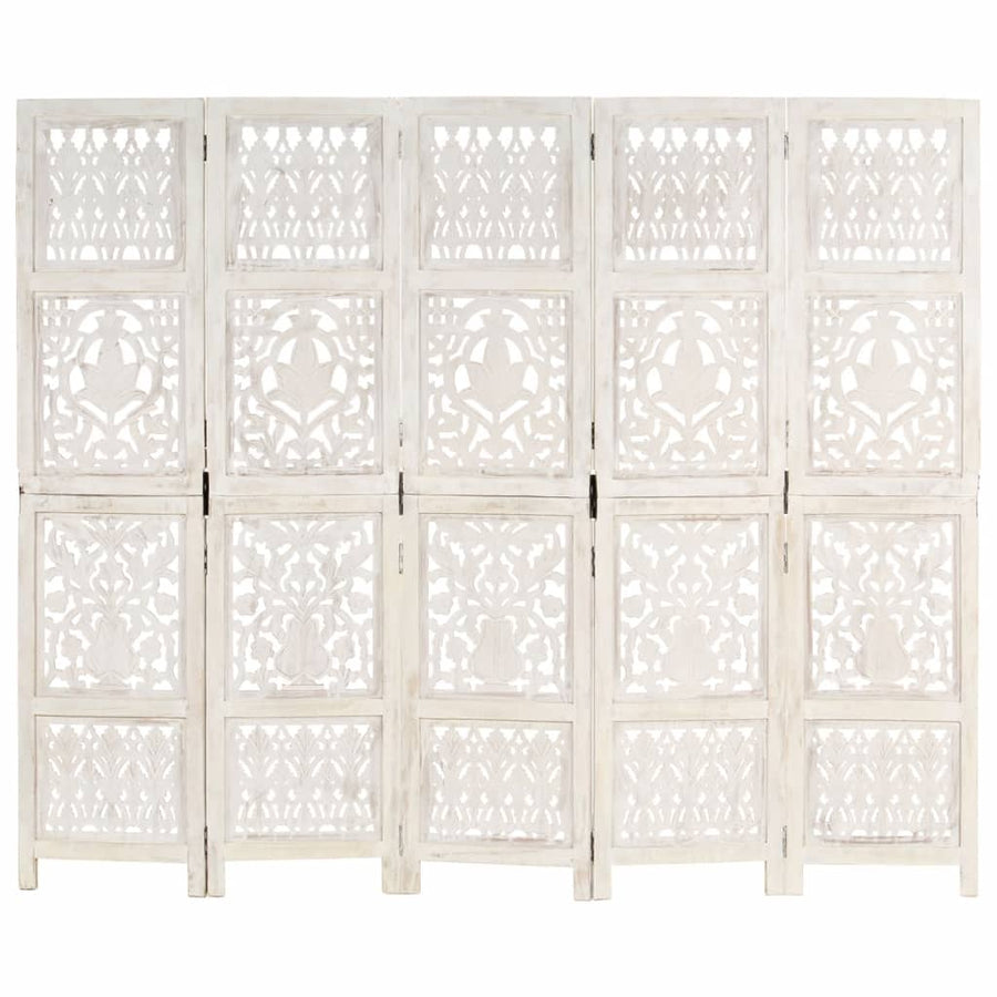 Hand carved 5-Panel Room Divider White 200x165 cm