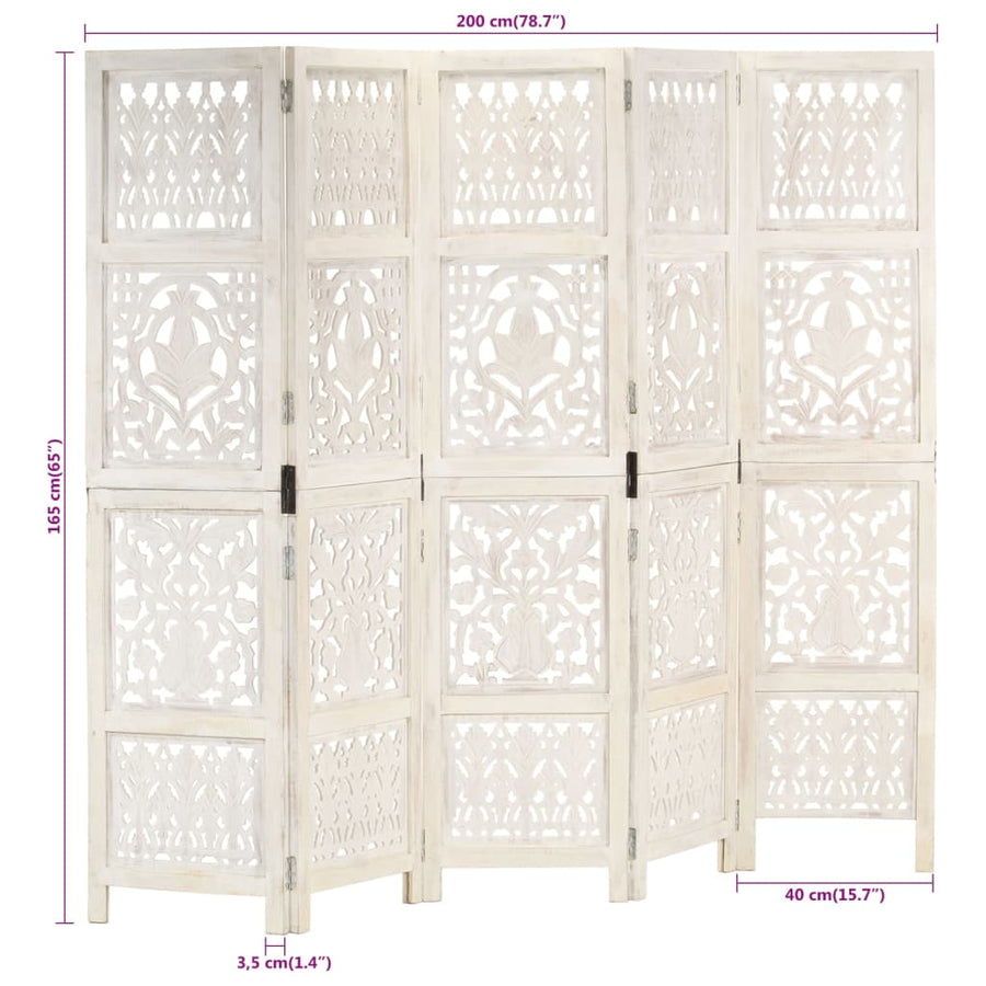 Hand carved 5-Panel Room Divider White 200x165 cm
