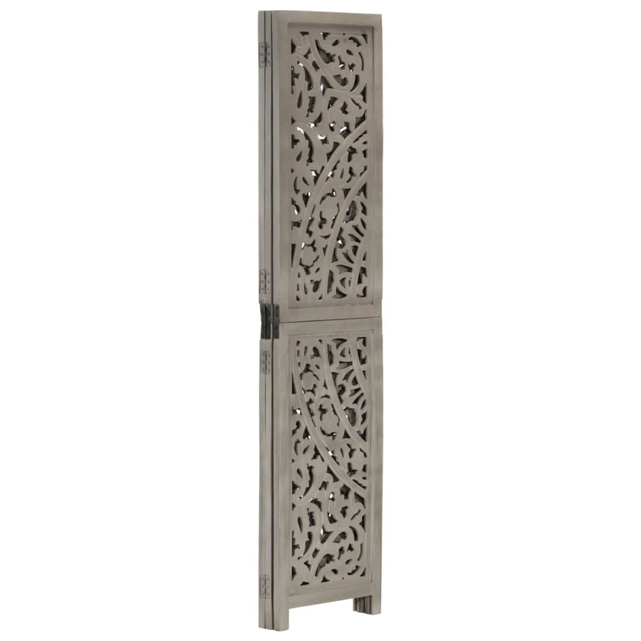 Hand carved 3-Panel Room Divider Grey 120x165 cm Solid Mango Wood