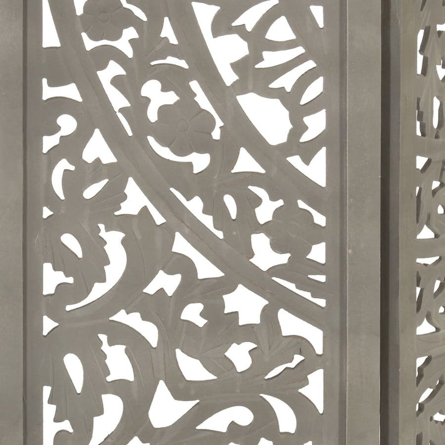 Hand carved 3-Panel Room Divider Grey 120x165 cm Solid Mango Wood