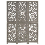 Hand carved 3-Panel Room Divider Grey 120x165 cm Solid Mango Wood