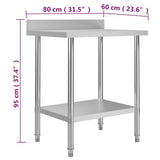 Kitchen Work Table with Backsplash 80x60x93 cm Stainless Steel - Close-Up Angle