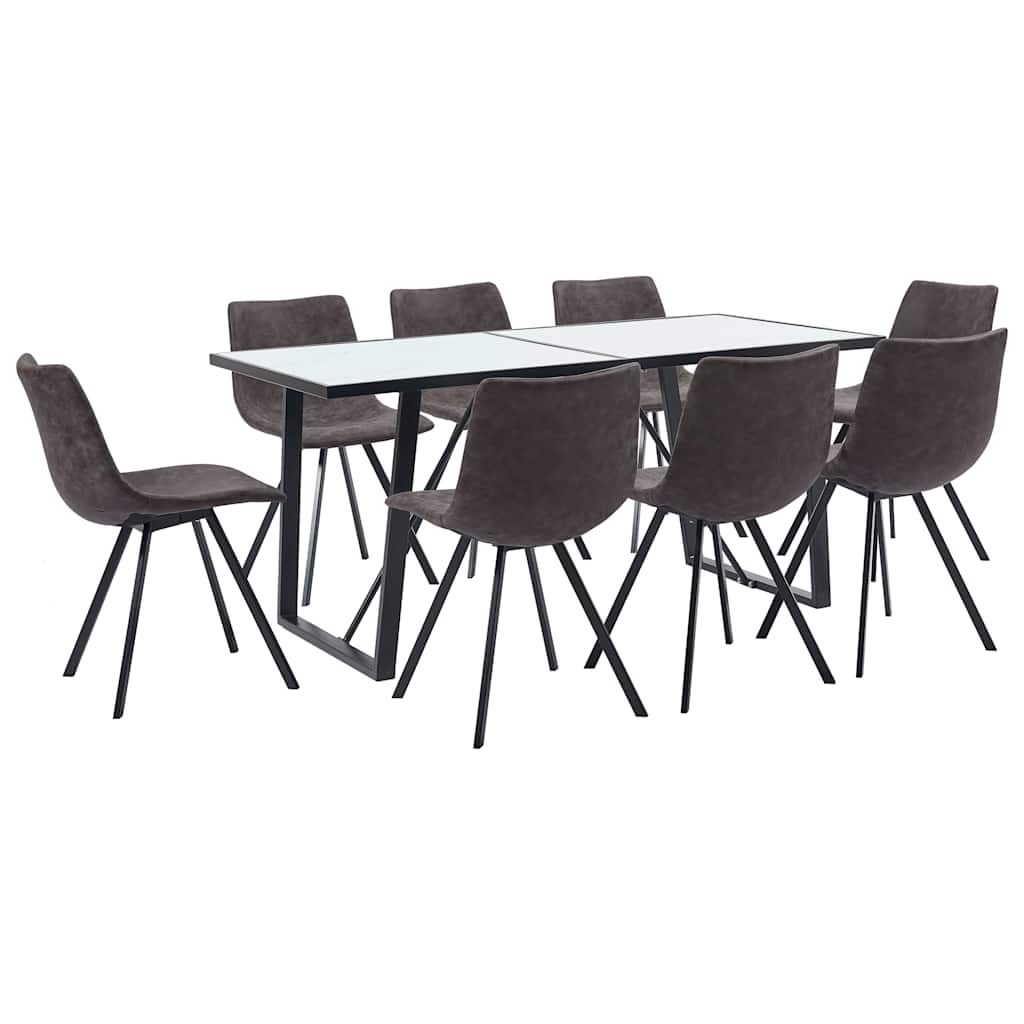 9 Piece Dining Set Brown Faux Leather