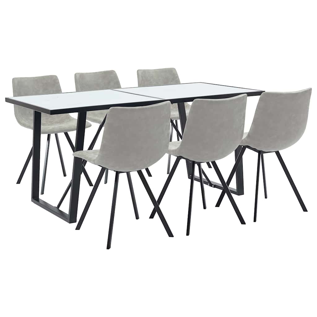 7 Piece Dining Set Light Grey Faux Leather