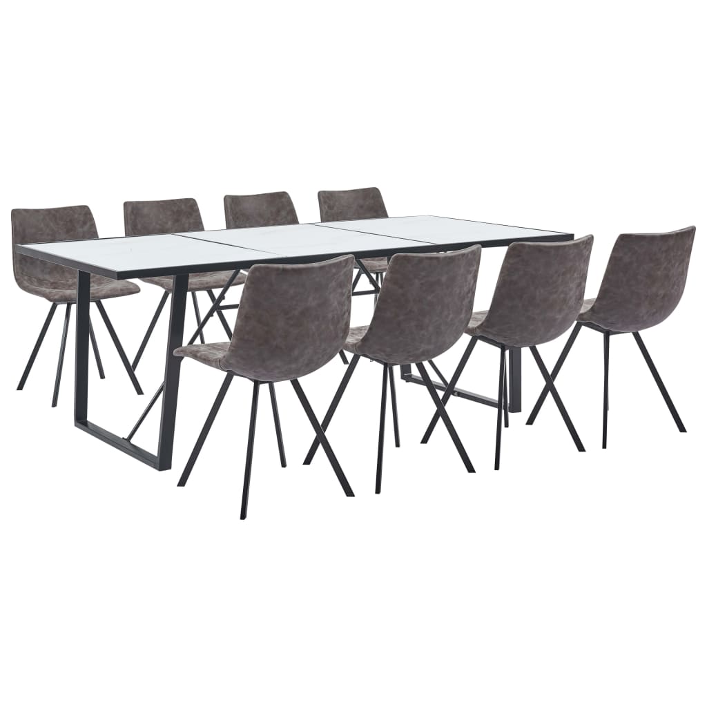 9 Piece Dining Set Brown Faux Leather
