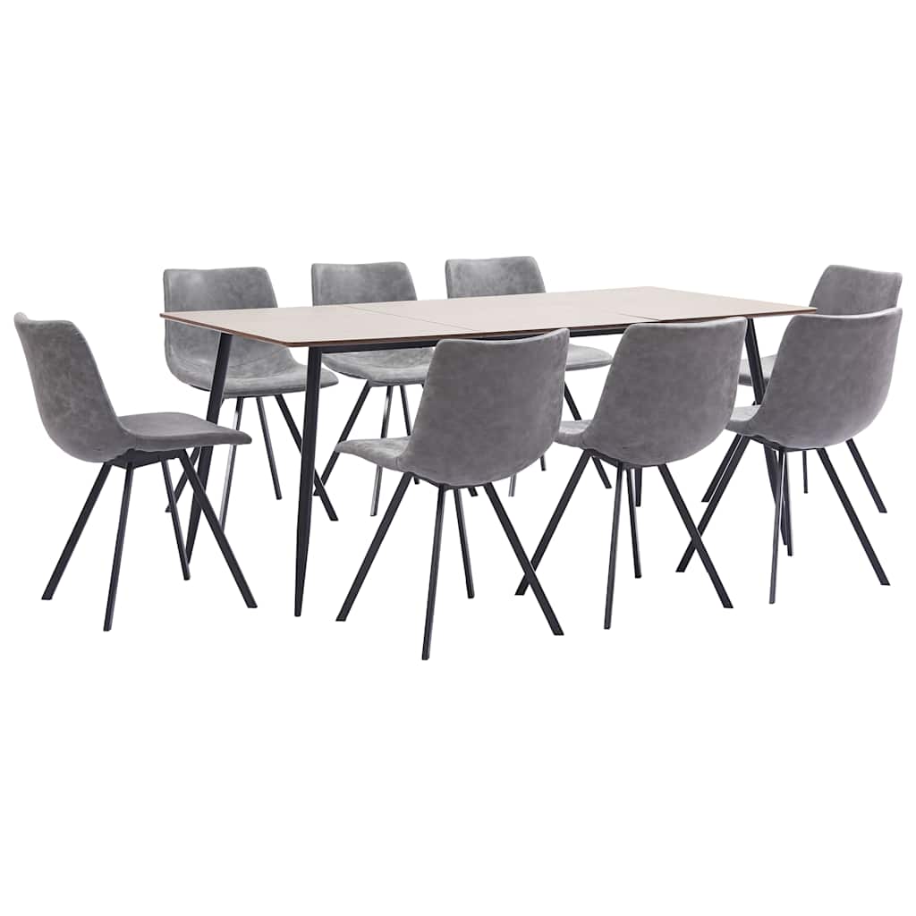 9 Piece Dining Set Grey Faux Leather