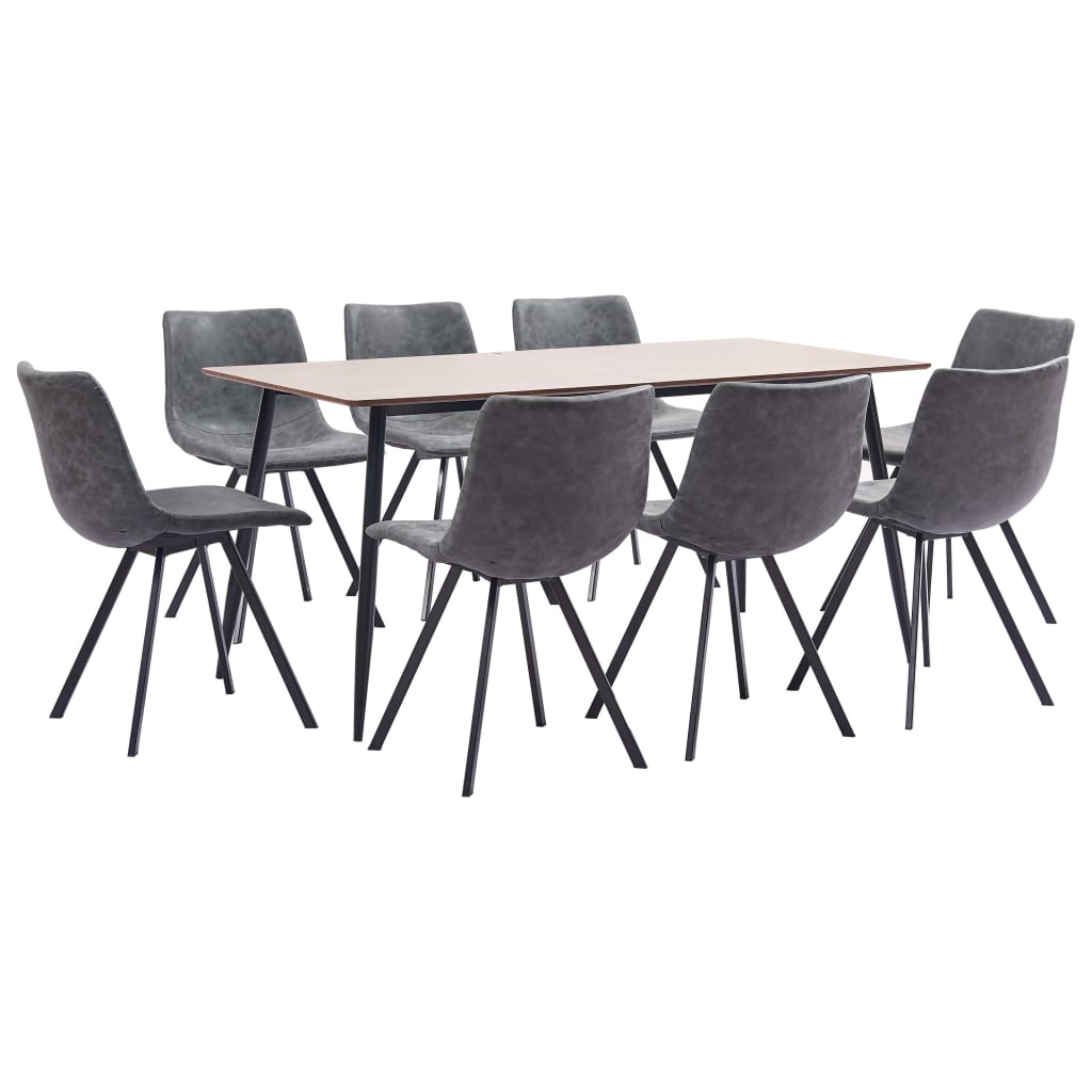 9 Piece Dining Set Grey Faux Leather