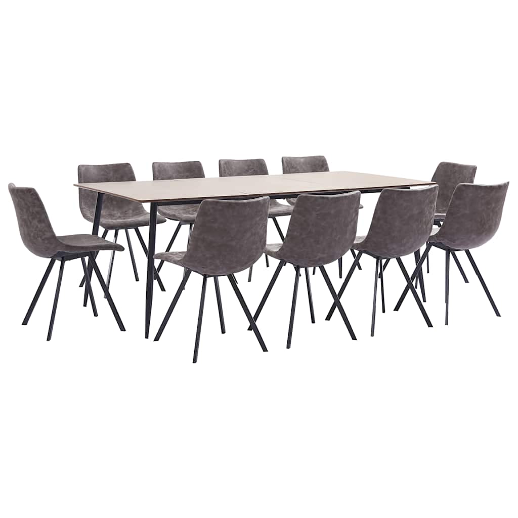 11 Piece Dining Set Brown Faux Leather