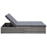 Double Sun Lounger with Cushion Poly Rattan Grey - 45-Degree Angle