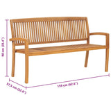 3-Seater Stacking Garden Bench 159 cm Solid Teak Wood - Rear View