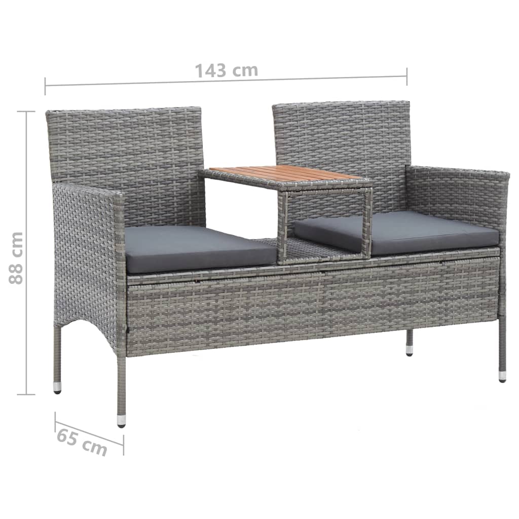 2-Seater Garden Bench with Tea Table 143 cm Poly Rattan Grey