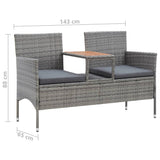 2-Seater Garden Bench with Tea Table 143 cm Poly Rattan Grey - Rear View