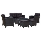 6 Piece Garden Sofa Set with Cushions Poly Rattan Black - Front View