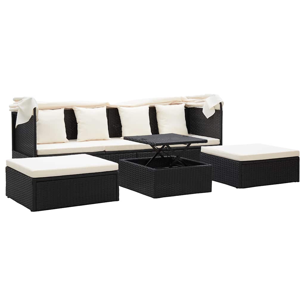 Garden Lounge Bed with Roof Black Poly Rattan