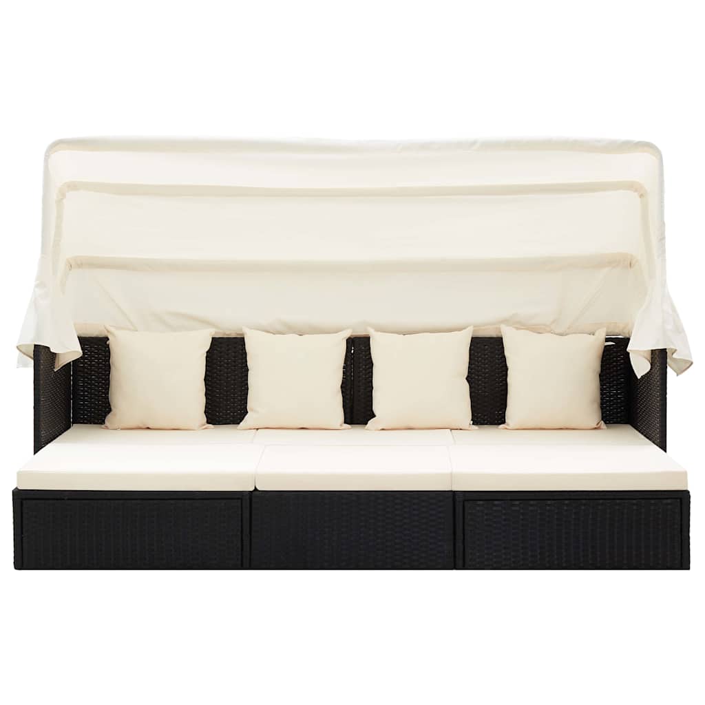 Garden Lounge Bed with Roof Black Poly Rattan
