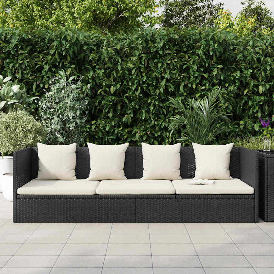 Garden Bed with Cushion & Pillows Poly Rattan Black