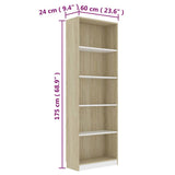 5-Tier Book Cabinet White and Sonoma Oak 60x24x175 cm Engineered Wood
