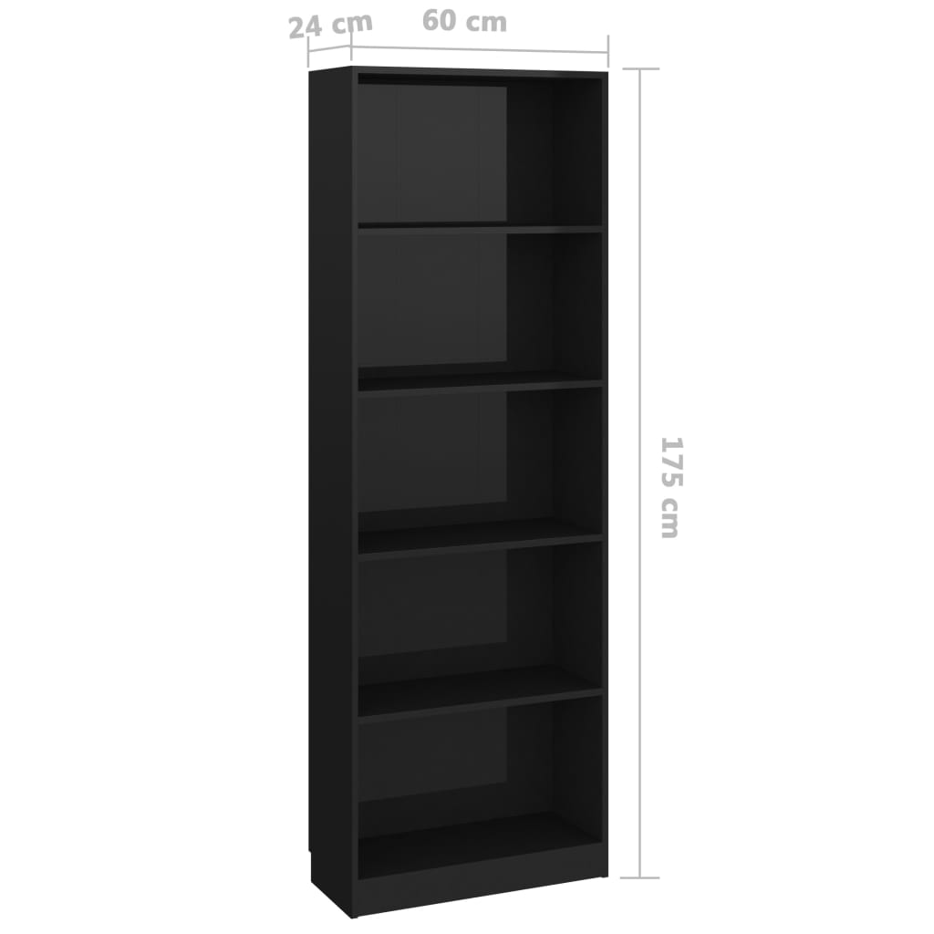 5-Tier Book Cabinet High Gloss Black 60x24x175 cm Engineered Wood