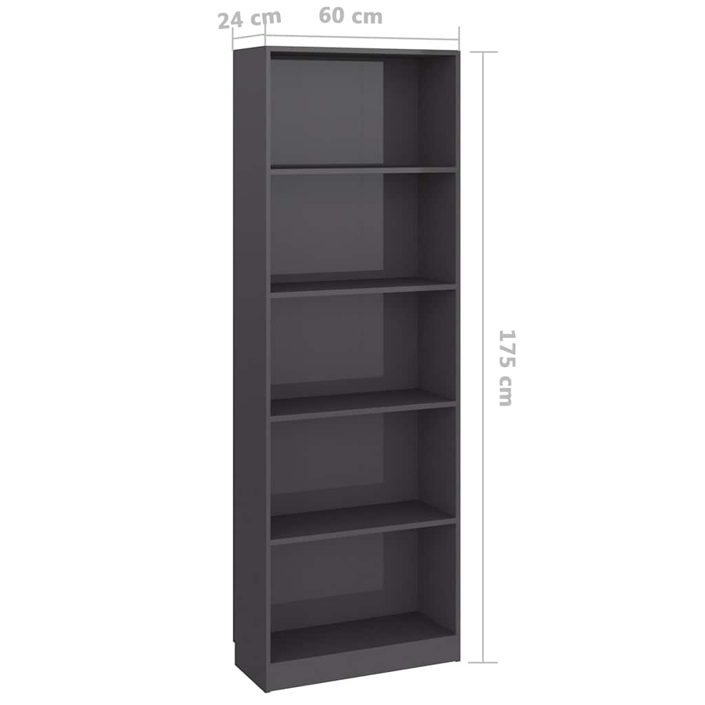5-Tier Book Cabinet High Gloss Grey 60x24x175 cm Engineered Wood