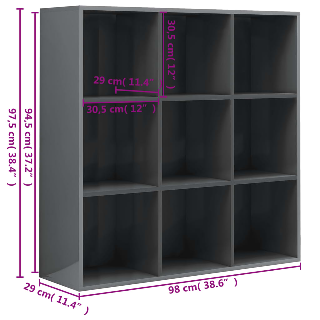 Book Cabinet High Gloss Grey 98x29x97.5 cm Engineered Wood