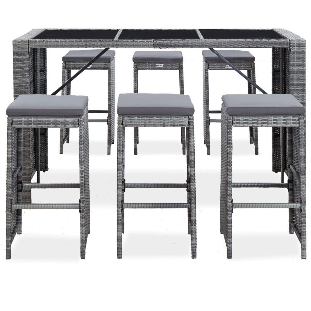 7 Piece Garden Bar Set with Cushions Poly Rattan Grey