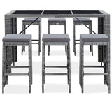 7 Piece Garden Bar Set with Cushions Poly Rattan Grey - Front View