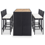 7 Piece Outdoor Bar Set with Cushions Poly Rattan Black - Front View