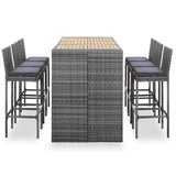 7 Piece Outdoor Bar Set with Cushions Poly Rattan Grey - Front View