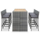 9 Piece Outdoor Bar Set Poly Rattan and Acacia Wood Grey - Front View