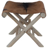 Folding Stool Goatskin Leather and Solid Teak Wood - Front View