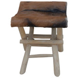 Folding Stool Goatskin Leather and Solid Teak Wood - Side View