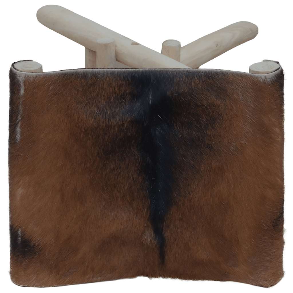 Folding Stool Goatskin Leather and Solid Teak Wood