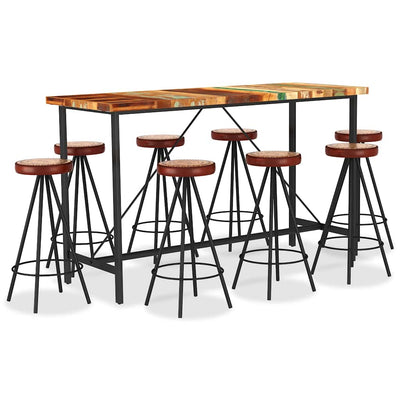 9 Piece Bar Set Solid Reclaimed Wood, Genuine Leather & Canvas