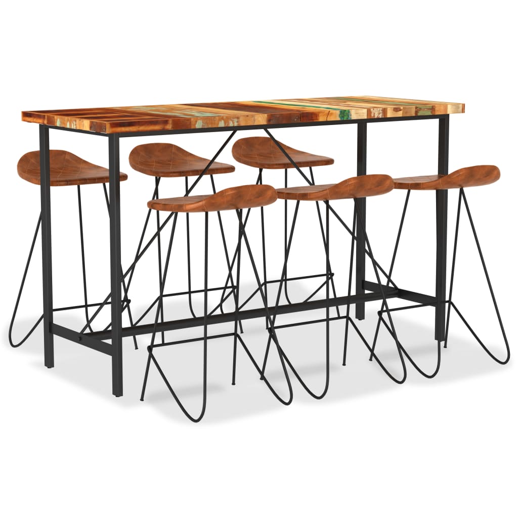 7 Piece Bar Set Solid Reclaimed Wood and Real Leather