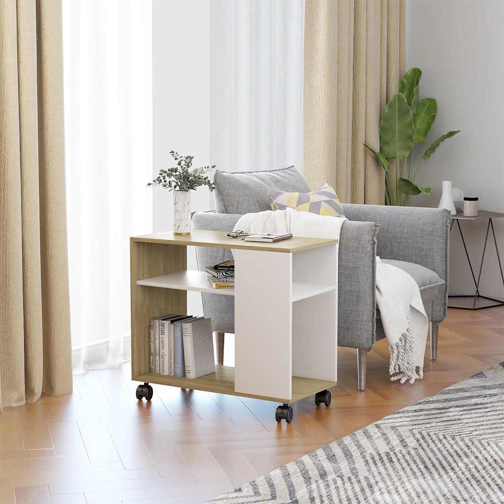 Side Table White and Sonoma Oak 70x35x60.5 cm Engineered Wood