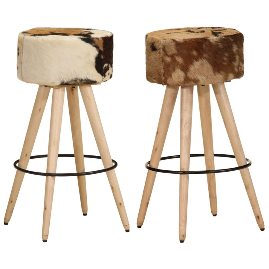 Bar Stools 2 pcs Brown Rough Mango Wood and Real Leather