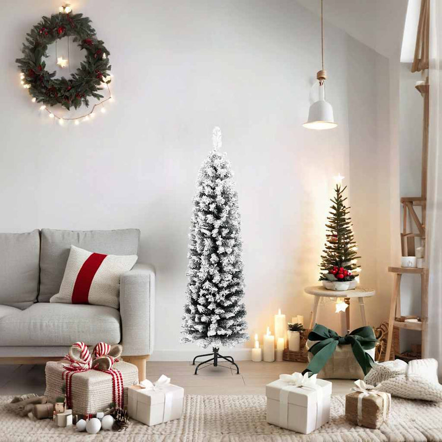 Slim Artificial Christmas Tree with Flocked Snow Green 150 cm