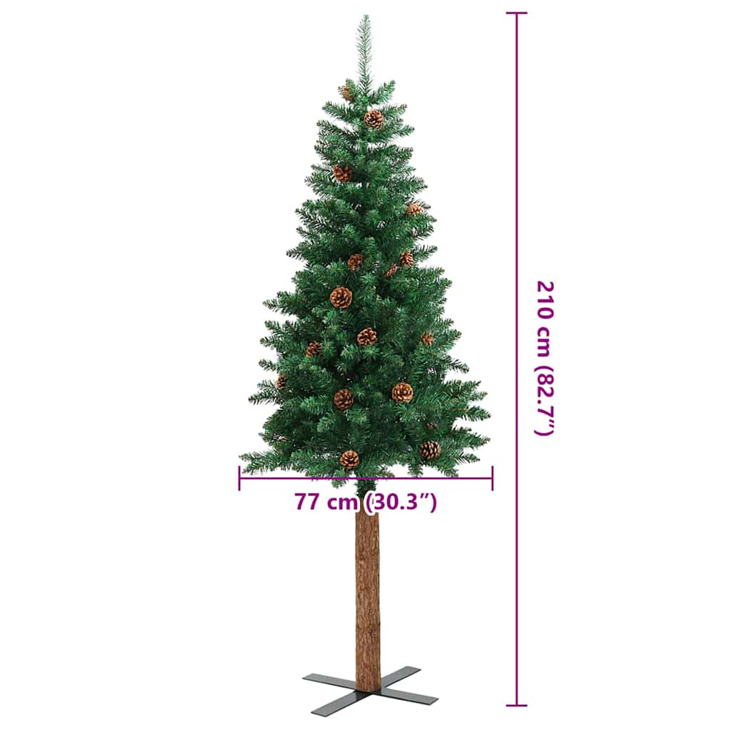 Slim Christmas Tree with Real Wood and Cones Green 210 cm PVC