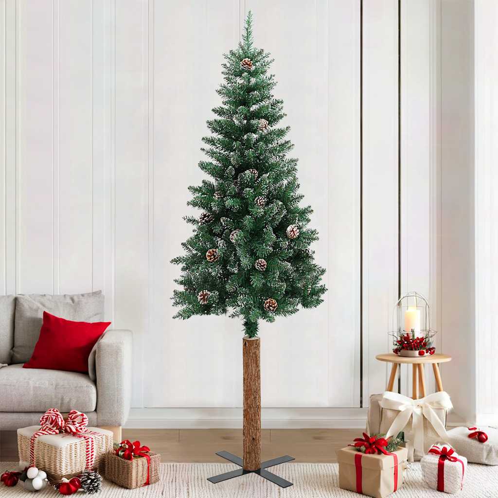 Slim Christmas Tree with Real Wood and White Snow Green 210 cm