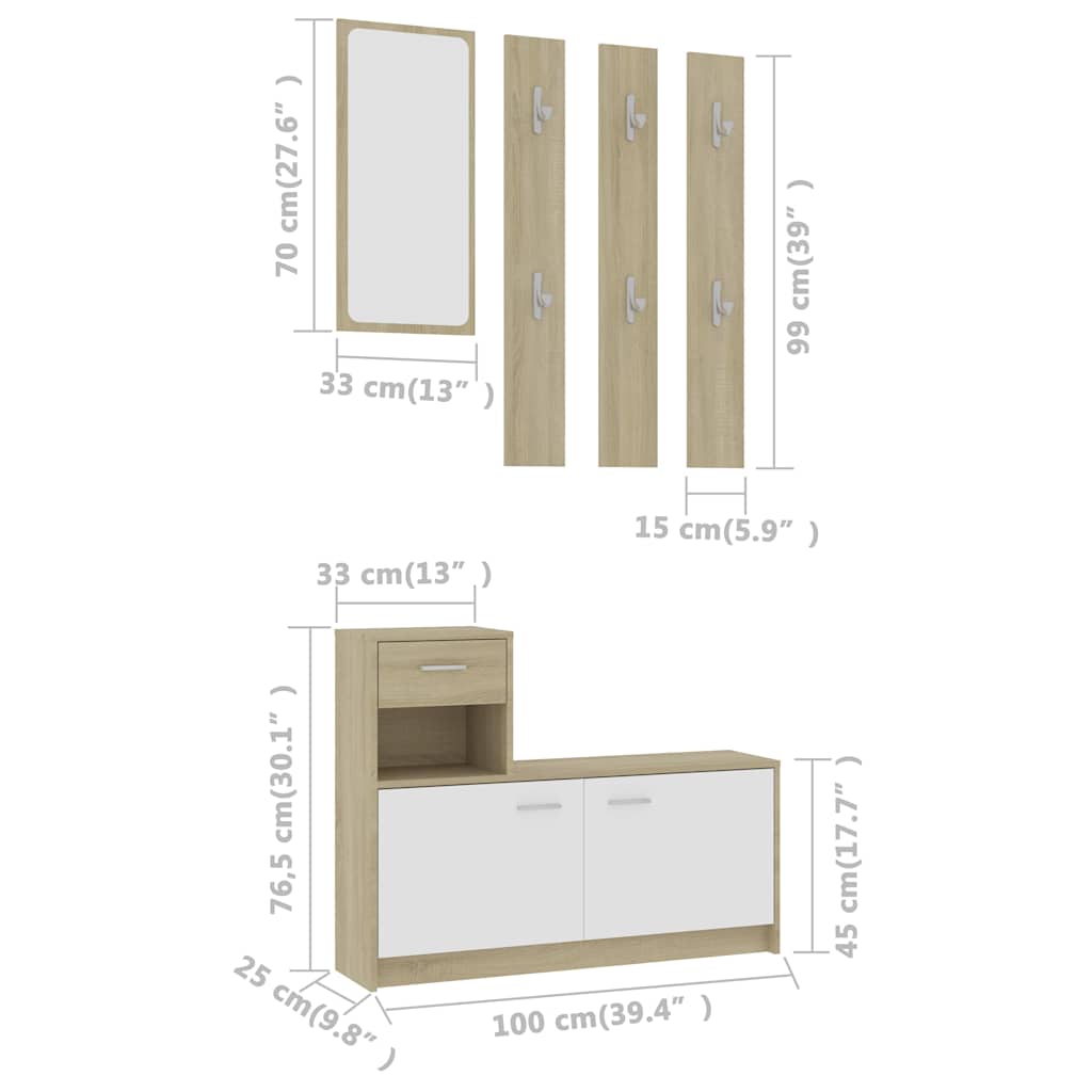 Hallway Unit White and Sonoma Oak 100x25x76.5 cm Engineered Wood