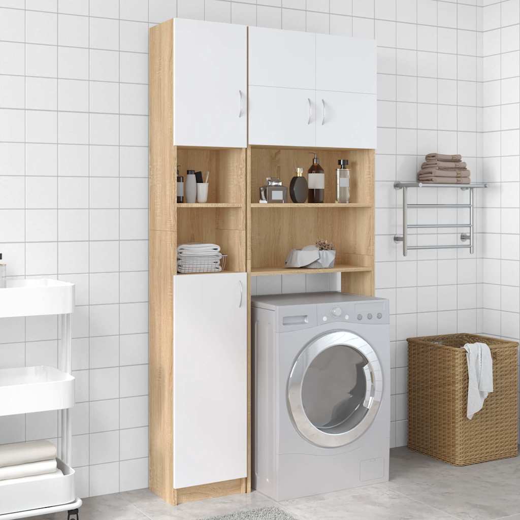 Bathroom Cabinet White and Sonoma Oak 32x25.5x190 cm Engineered Wood