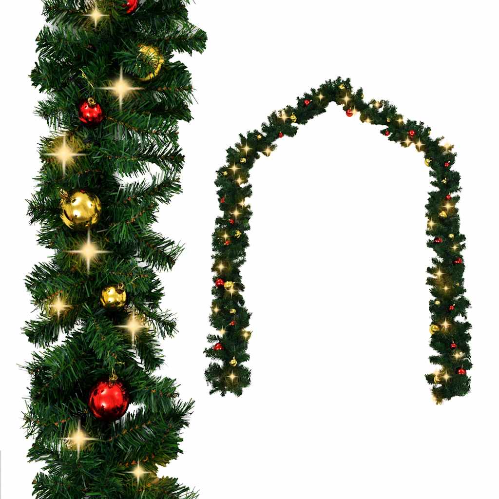 Christmas Garland with Baubles and LED Lights Green 20 m PVC