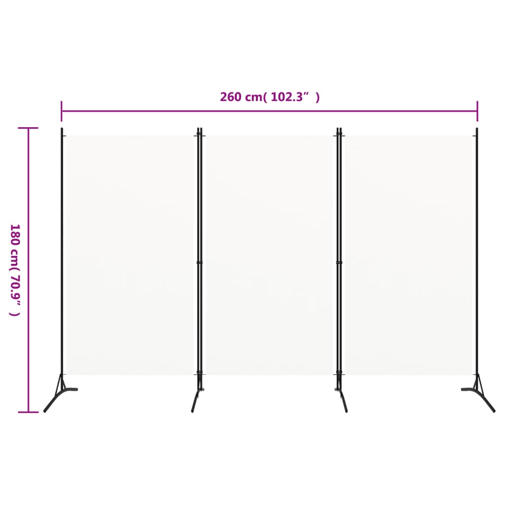 3-Panel Room Divider White 260x180 cm Fabric