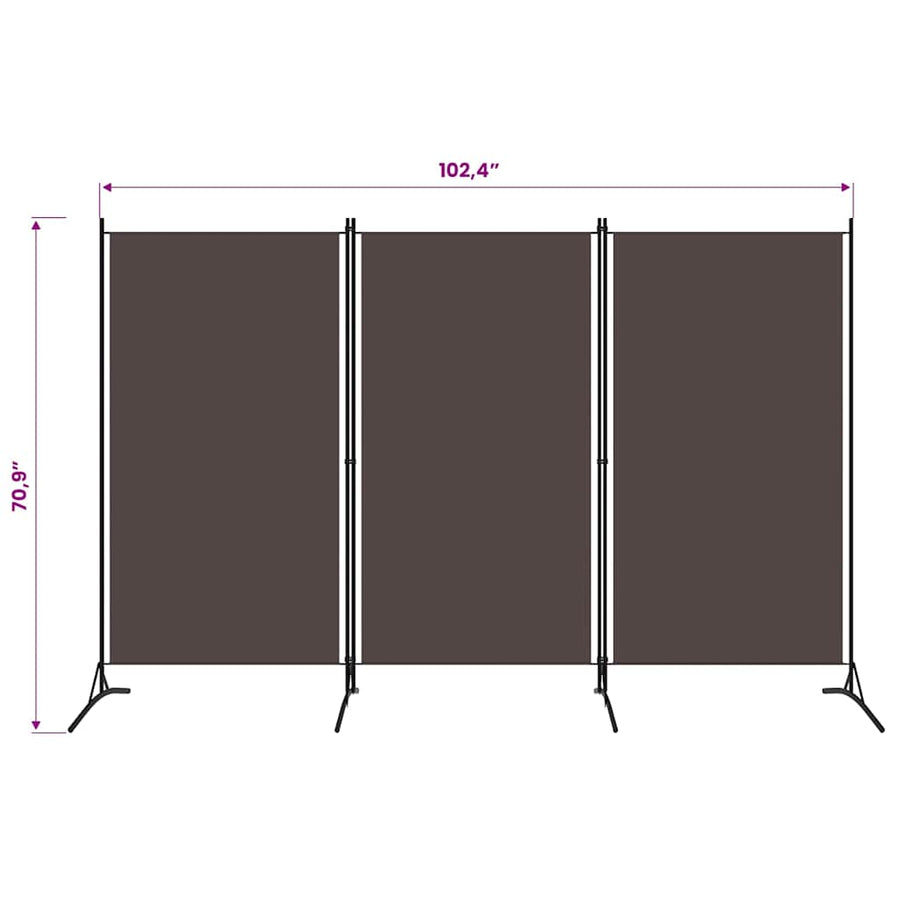 3-Panel Room Divider Brown 260x180 cm Fabric